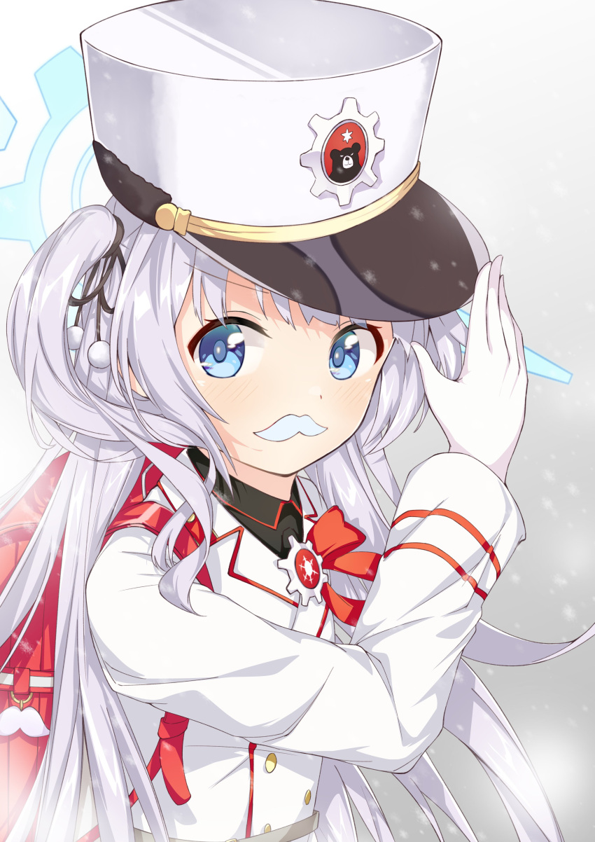 1girl absurdres backpack bag blue_archive blue_eyes blush cherino_(blue_archive) commentary_request fake_facial_hair fake_mustache gloves halo hat highres long_hair looking_at_viewer pizza_(artist) randoseru silver_hair simple_background snow solo uniform white_background