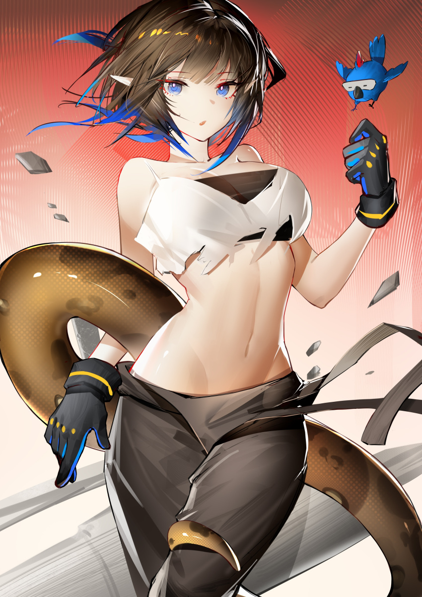 1girl absurdres arknights bandeau bangs bare_arms bare_shoulders bird black_gloves black_hair black_pants blue_eyes blue_hair breasts camisole chinese_commentary commentary_request cowboy_shot crop_top eunectes_(arknights) eunectes_(forgemaster)_(arknights) eyebrows_visible_through_hair gkd111 gloves gradient_hair hand_up highres large_breasts looking_at_viewer midriff multicolored_hair navel pants parted_lips pointy_ears revision short_hair snake_tail solo standing stomach tail thighs