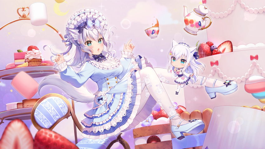 1girl :o animal animal_ear_fluff animal_ears bangs black_bow blue_bow blue_dress blue_eyes blue_flower blue_footwear blush bonnet bow breasts bug butterfly cake cake_slice cat_ears chair chibi closed_mouth commentary_request cup dress eyebrows_visible_through_hair flower food frilled_dress frills fruit hair_between_eyes hair_bow hair_ornament heart heart_hair_ornament high_heels highres insect knees_together_feet_apart lolita_fashion long_hair marshmallow medium_breasts momoshiki_tsubaki noripro official_art pantyhose parted_lips shirayuki_mishiro shoe_soles shoes smile standing standing_on_one_leg strawberry sweet_lolita tea teacup teapot tiered_tray very_long_hair virtual_youtuber white_dress white_hair white_legwear