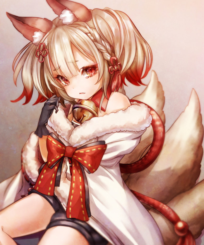 1girl absurdres animal_ears arm_up bare_shoulders bell black_gloves black_shorts bow braid brown_hair coat collar eyebrows_visible_through_hair fluffy fox_ears fox_tail frown fur_trim gloves hair_between_eyes hair_ornament hair_ribbon highres layered_clothing multicolored_hair neck_bell nina_(maurururoa) red_bow red_eyes redhead ribbon sekka_(shadowverse) shadowverse short_twintails shorts simple_background sitting solo tail twintails two-tone_hair white_coat worried