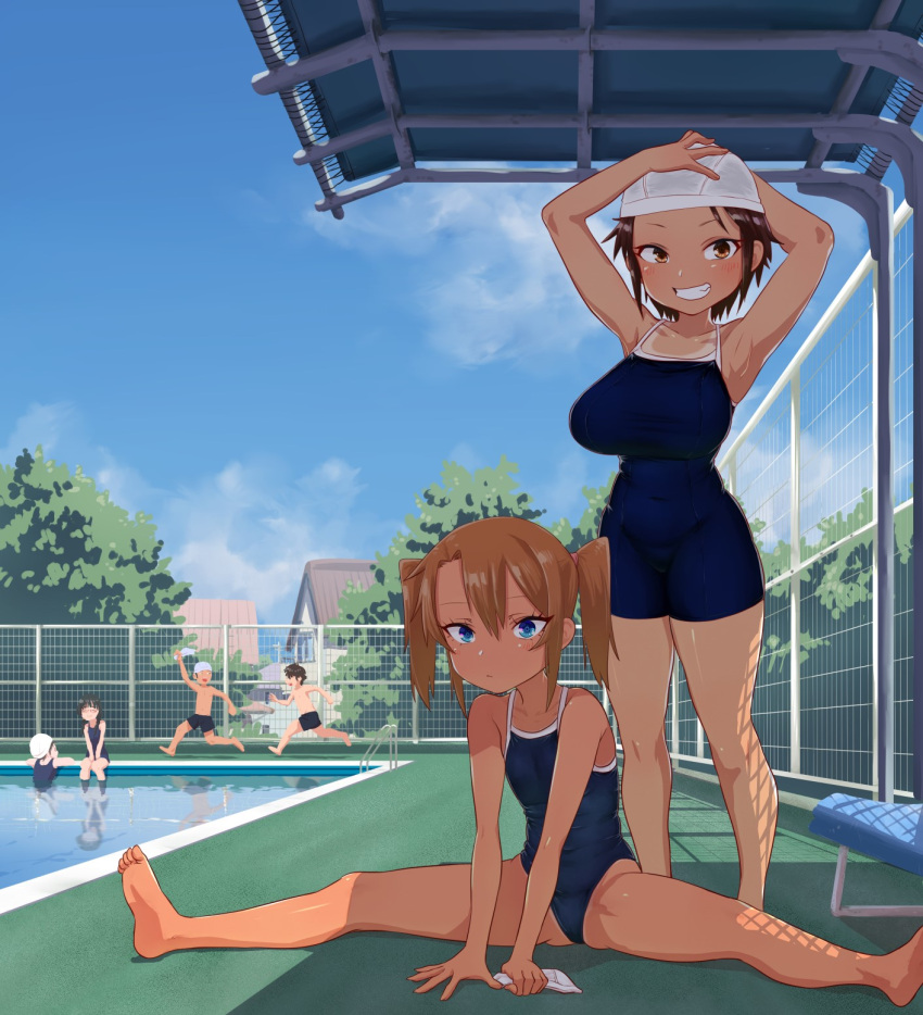 2boys 4girls :d armpits ass bare_shoulders barefoot black_hair blue_eyes blue_sky blue_swimsuit blush breasts brown_eyes brown_hair clouds coffee-milk-moumou dark_skin dark-skinned_female fence glasses grin highres large_breasts looking_at_viewer multiple_boys multiple_girls one-piece_swimsuit open_mouth original outdoors pool poolside reflection school_swimsuit short_hair sitting sky smile split swim_cap swimsuit tan tanline twintails yuma_(coffee-milk-moumou)