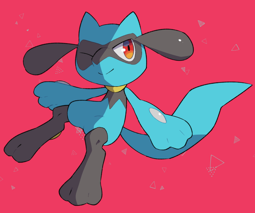 closed_mouth commentary_request creature full_body gen_4_pokemon highres looking_to_the_side no_humans nullma one_eye_closed pink_background pokemon pokemon_(creature) red_eyes riolu smile solo toes