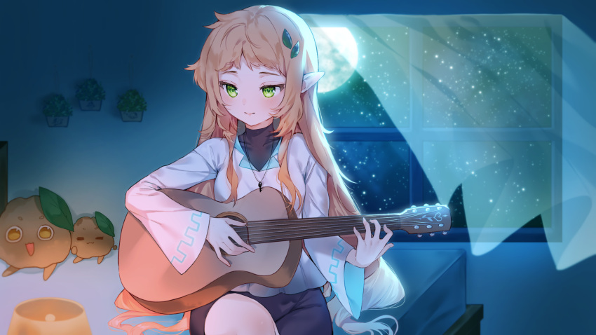 1girl black_shirt black_skirt brown_hair cheli_(kso1564) commentary_request copyright_request covered_collarbone curtains full_moon glowing guitar hair_ornament highres holding holding_instrument indoors instrument leaf_hair_ornament long_hair long_sleeves moon night night_sky official_art pointy_ears shirt sitting skirt sky solo star_(sky) starry_sky transparent very_long_hair white_shirt wide_sleeves window