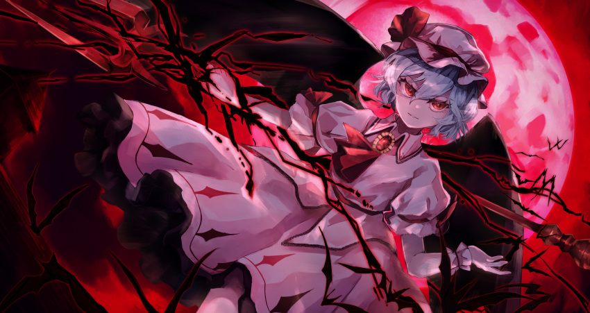 1girl absurdres ascot bangs black_wings blue_hair brooch closed_mouth demon_wings dress dutch_angle energy eyebrows_visible_through_hair frilled_cuffs frilled_sleeves frills full_moon hat hat_ribbon highres holding holding_spear holding_weapon huge_filesize jewelry jichou_senshi light_smile looking_at_viewer medium_dress mob_cap moon pink_dress pink_headwear polearm puffy_short_sleeves puffy_sleeves red_eyes red_moon red_neckwear red_ribbon red_sky remilia_scarlet ribbon short_hair short_sleeves sky solo spear spear_the_gungnir standing touhou weapon wind wind_lift wings