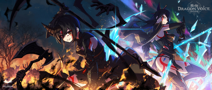 2girls arm_up axe black_hair breasts cape commentary_request dragon_girl elbow_gloves eyebrows_visible_through_hair fire fundoshi gloves grin hair_over_one_eye highres holding holding_weapon horns japanese_clothes leg_up looking_at_viewer medium_breasts multiple_girls original pelvic_curtain planted_sword planted_weapon pleated_skirt polearm short_hair sidelocks single_horn skirt smile spear sword thigh-highs weapon wox