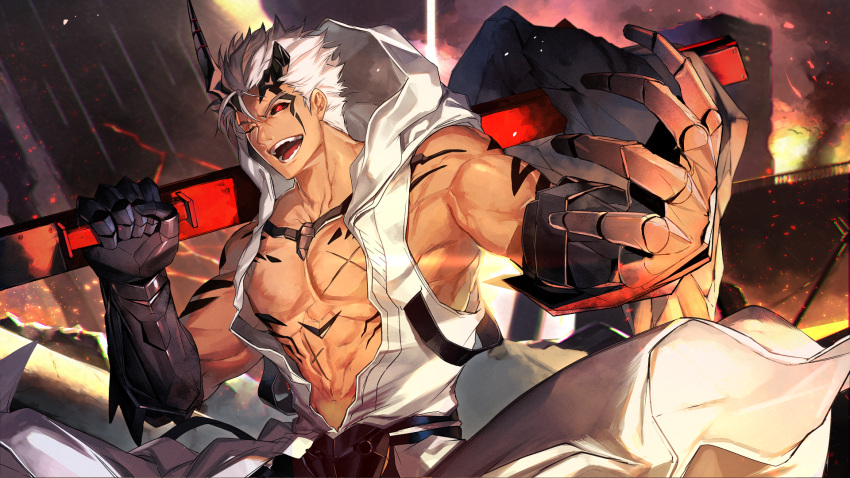 1boy bare_pectorals black_horns black_sclera broken_horn coat colored_sclera commentary_request cross_scar gauntlets hair_strand highres holding holding_weapon hooded_coat horns improvised_weapon light_particles looking_at_viewer male_focus muscular muscular_male one_eye_closed open_clothes open_coat open_mouth outstretched_arm pectorals phlema red_eyes scar scar_across_eye scar_on_chest short_hair sleeveless sleeveless_coat solo soul_worker steel_beam stomach teeth tsunami_(sorudora) upper_body weapon white_coat white_hair