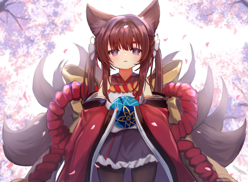 +_+ 1girl amagi-chan_(azur_lane) animal_ears azur_lane ball bangs black_legwear blunt_bangs blurry brown_hair commentary_request depth_of_field drooling eyebrows_visible_through_hair eyes_visible_through_hair fox_ears fox_girl fox_tail hair_ribbon holding holding_ball kyuubi long_hair looking_at_viewer marekamico multiple_tails off-shoulder_kimono pantyhose parted_lips ribbon rope shimenawa sidelocks solo symbol-shaped_pupils tail thick_eyebrows twintails violet_eyes wide_sleeves