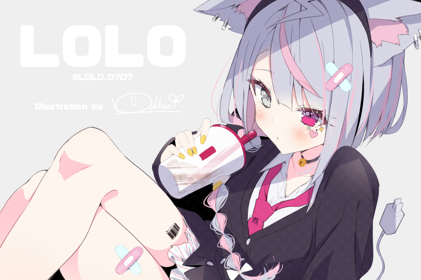 1girl absurdres bandaid bandaid_on_leg barcode_tattoo bell black_cardigan black_choker blush bokkun_(doyagaobyo) bubble_tea cardigan character_name choker closed_eyes commission cup disposable_cup ear_piercing facial_mark grey_eyes hairband heterochromia highres holding holding_cup indie_virtual_youtuber lolo_(vtuber) loose_necktie multicolored_hair neck_bell necktie parted_lips piercing pink_hair red_neckwear short_hair silver_hair sitting skeb_commission solo streaked_hair tattoo violet_eyes virtual_youtuber