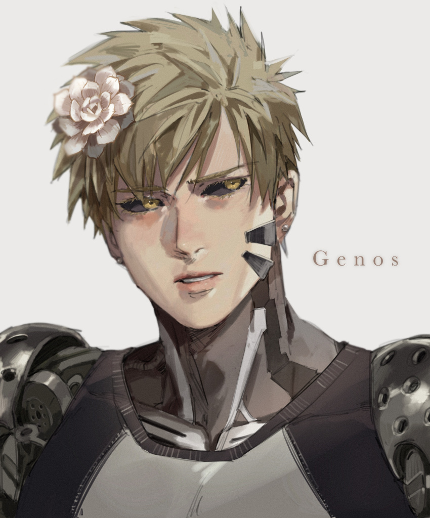 1boy absurdres black_sclera blonde_hair character_name colored_sclera commentary cyborg earrings eyebrows_visible_through_hair flower genos hair_flower hair_ornament highres jewelry looking_away looking_to_the_side male_focus one-punch_man parted_lips portrait short_hair sideways_glance simple_background solo thisuserisalive yellow_eyes