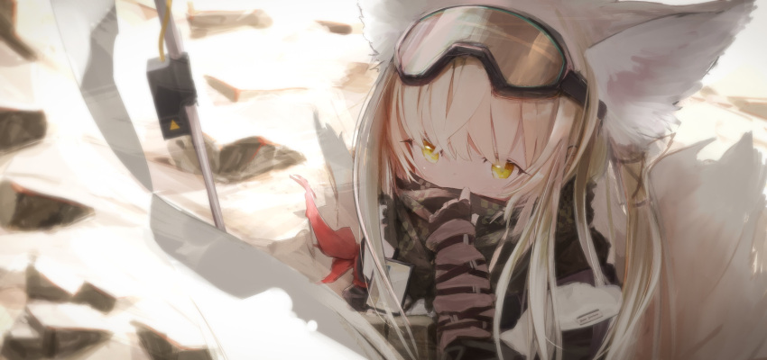 1girl absurdres animal_ears arknights arm_ribbon arm_up black_gloves blonde_hair commentary covering_mouth cowboy_shot eyewear_on_head fingerless_gloves fox_ears fox_girl fox_tail gloves goggles goggles_on_head hand_up highres holding holding_staff kyuubi long_hair multiple_tails official_alternate_costume pants pouch red_ribbon ribbon solo staff suzuran_(arknights) suzuran_(lostlands_flowering)_(arknights) tail white_background yellow_eyes yuritopia