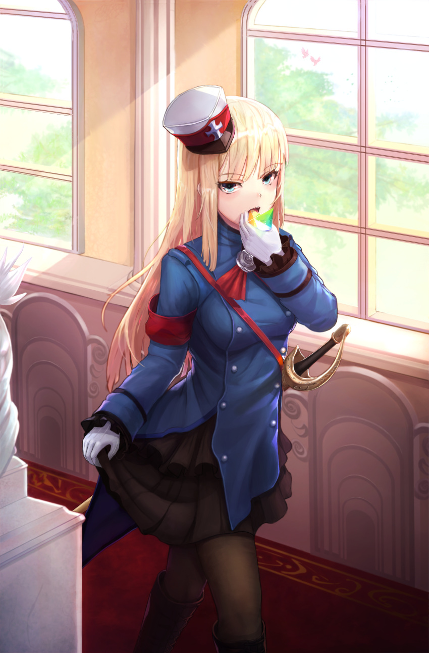1girl absurdres armband bangs black_footwear black_headwear black_skirt blonde_hair blue_jacket blush boots breasts brown_legwear buttons crystal double-breasted eating eyebrows_visible_through_hair fate/grand_order fate_(series) gloves green_eyes hand_up hat highres jacket knee_boots large_breasts layered_skirt long_hair long_sleeves looking_at_viewer open_mouth pantyhose red_armband reines_el-melloi_archisorte shiny shiny_hair skirt solo sword tilted_headwear usd_(wwkr2537) walking weapon white_gloves white_headwear window