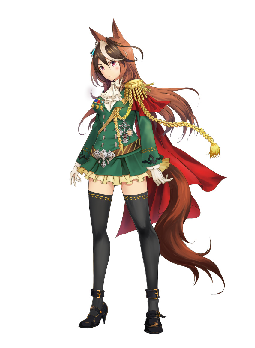 1girl absurdres animal_ears ascot belt black_footwear black_legwear blush brown_belt buttons cape closed_mouth double-breasted epaulettes full_body gloves green_jacket green_skirt hair_between_eyes hair_ornament high_heels highres horse_ears horse_tail jacket long_sleeves looking_at_viewer medal miniskirt multicolored_hair pink_eyes red_cape simple_background skirt solo standing streaked_hair symboli_rudolf_(umamusume) tail taka_(takahirokun) thigh-highs umamusume white_background white_gloves white_neckwear zettai_ryouiki