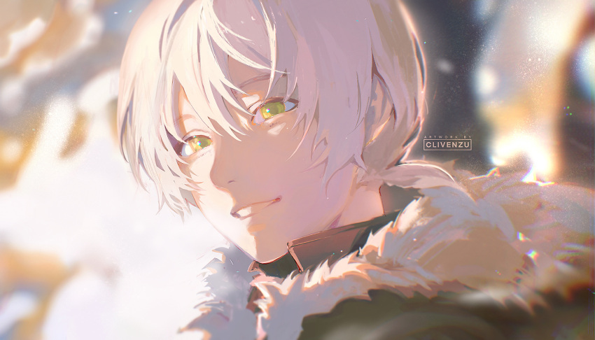 1boy artist_name blurry blurry_background clivenzu close-up copyright_request depth_of_field from_side green_eyes hair_between_eyes highres jacket long_hair looking_at_viewer looking_to_the_side male_focus ponytail portrait smile solo white_hair