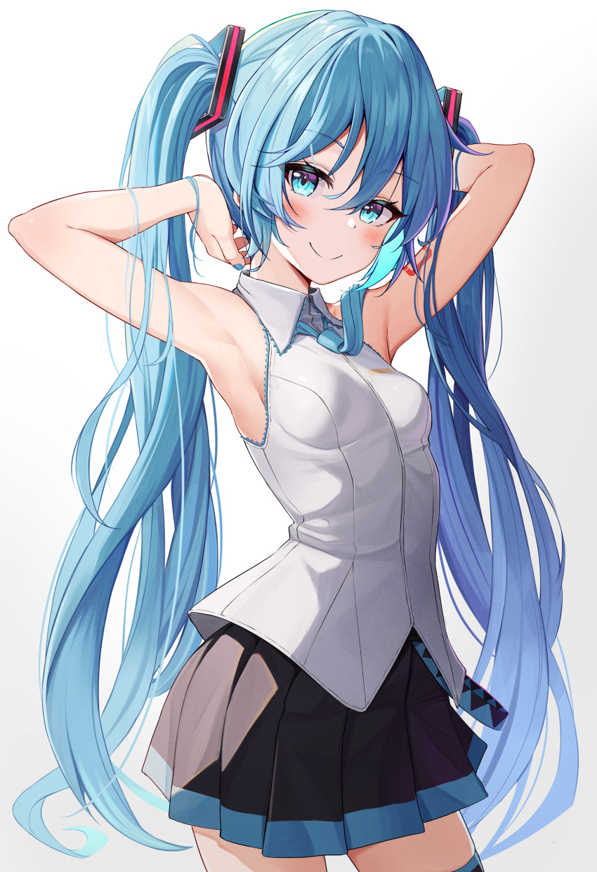 1girl absurdres armpits arms_behind_head arms_up bare_arms bare_shoulders bib_(bibboss39) black_skirt blue_eyes blue_hair breasts closed_mouth collared_shirt cowboy_shot hair_ornament hatsune_miku highres long_hair looking_at_viewer miniskirt necktie pleated_skirt shirt simple_background skirt sleeveless sleeveless_shirt small_breasts smile solo standing thigh-highs twintails very_long_hair vocaloid white_background white_shirt zettai_ryouiki