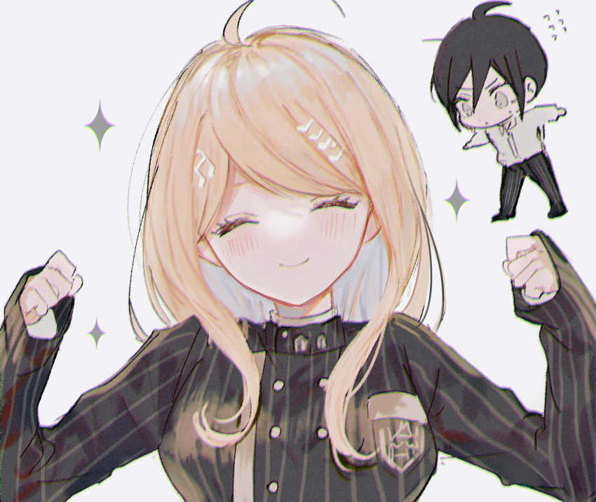 1boy 1girl ahoge akamatsu_kaede bangs black_hair black_jacket blonde_hair blush breast_pocket brown_eyes buttons chibi clenched_hands cosplay dangan_ronpa_(series) dangan_ronpa_v3:_killing_harmony double-breasted facing_viewer hair_ornament hands_up highres jacket jacket_removed long_hair long_sleeves nokoru_sora open_mouth pants pocket portrait saihara_shuuichi saihara_shuuichi_(cosplay) short_hair simple_background smile solo_focus striped striped_jacket striped_pants white_background