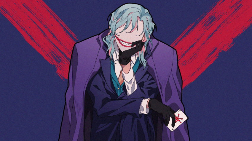 1boy card coat dalnodo formal glasgow_smile gloves green_hair highres joker_(card) lipstick makeup necktie no_eyes original playing_card purple_coat sitting suit suit_jacket undershirt