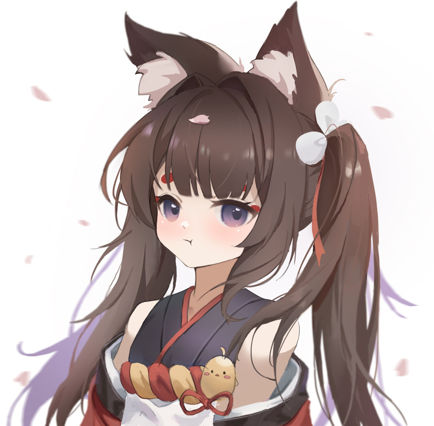 1girl :t absurdres amagi-chan_(azur_lane) animal_ears azur_lane bangs blunt_bangs brown_hair commentary_request eyeshadow fox_ears hair_ribbon highres long_hair looking_at_viewer makeup manjuu_(azur_lane) off-shoulder_kimono off_shoulder petals pout ribbon rope shimenawa sidelocks simple_background solo thick_eyebrows twintails violet_eyes white_background yuuri_vv