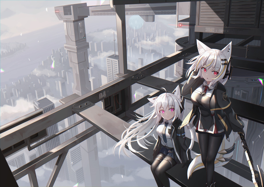 2girls absurdres animal_ear_fluff animal_ears axe black_legwear blonde_hair breasts building cat_ears cat_girl cat_tail city cityscape expressionless fox_ears fox_girl fox_tail headgear highres huge_filesize jacket large_breasts long_hair long_sleeves miniskirt mirufuaa multicolored multicolored_hair multicolored_tail multiple_girls open_clothes open_jacket original pantyhose parted_lips red_eyes shirt short_hair sitting skirt tail two-tone_hair violet_eyes weapon white_hair