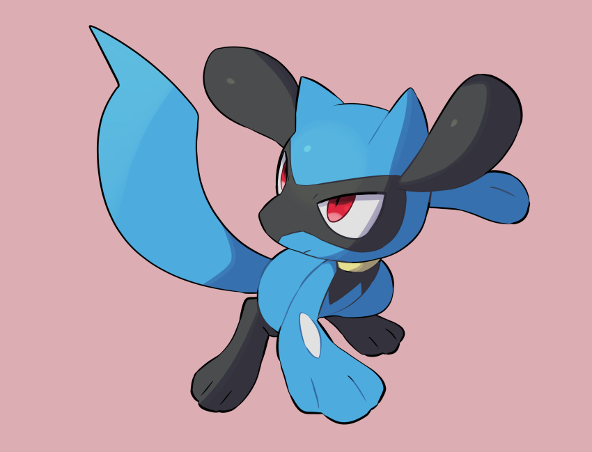 closed_mouth commentary_request creature full_body gen_4_pokemon highres looking_back no_humans nullma pink_background pokemon pokemon_(creature) red_eyes riolu simple_background smile solo toes