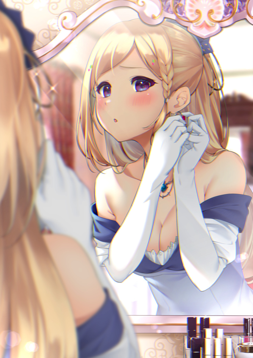 1girl aki_rosenthal bangs bare_shoulders blonde_hair blush braid breasts collarbone dated dress earrings elbow_gloves gloves highres hololive izumi_kei jewelry long_hair medium_breasts mirror necklace parted_bangs reflection signature solo twitter_username violet_eyes virtual_youtuber white_dress white_gloves