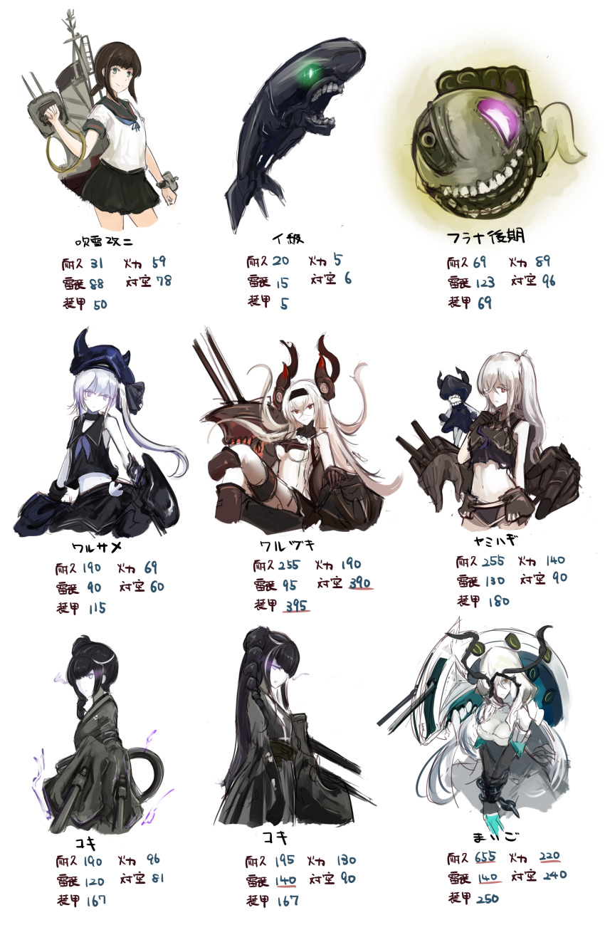 6+girls absurdres abyssal_ship air_defense_princess ancient_destroyer_oni ancient_destroyer_princess brown_hair commentary_request destroyer_princess destroyer_water_oni entombed_air_defense_guardian_princess fubuki_(kancolle) glowing glowing_eyes green_eyes hairband hat highres i-class_destroyer kantai_collection machinery midriff mizuchi_(mizuchi7118) multiple_girls na-class_destroyer navel one_side_up pink_eyes remodel_(kantai_collection) sailor_collar side_ponytail translation_request turret violet_eyes white_hair