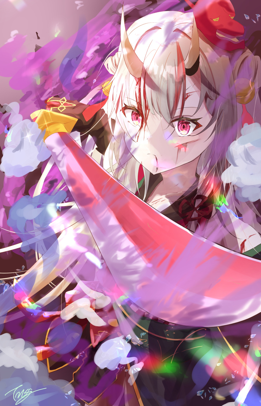 1girl absurdres bangs bell blood blood_on_face double_bun eyebrows_visible_through_hair hair_bell hair_between_eyes hair_ornament highlights highres holding holding_sword holding_weapon hololive horns injury japanese_clothes katana kimono long_hair looking_at_viewer mask mask_on_head multicolored_hair nakiri_ayame oni_horns oni_mask pose red_eyes redhead sidelocks signature solo sword tonasegaill two-tone_hair virtual_youtuber weapon white_hair