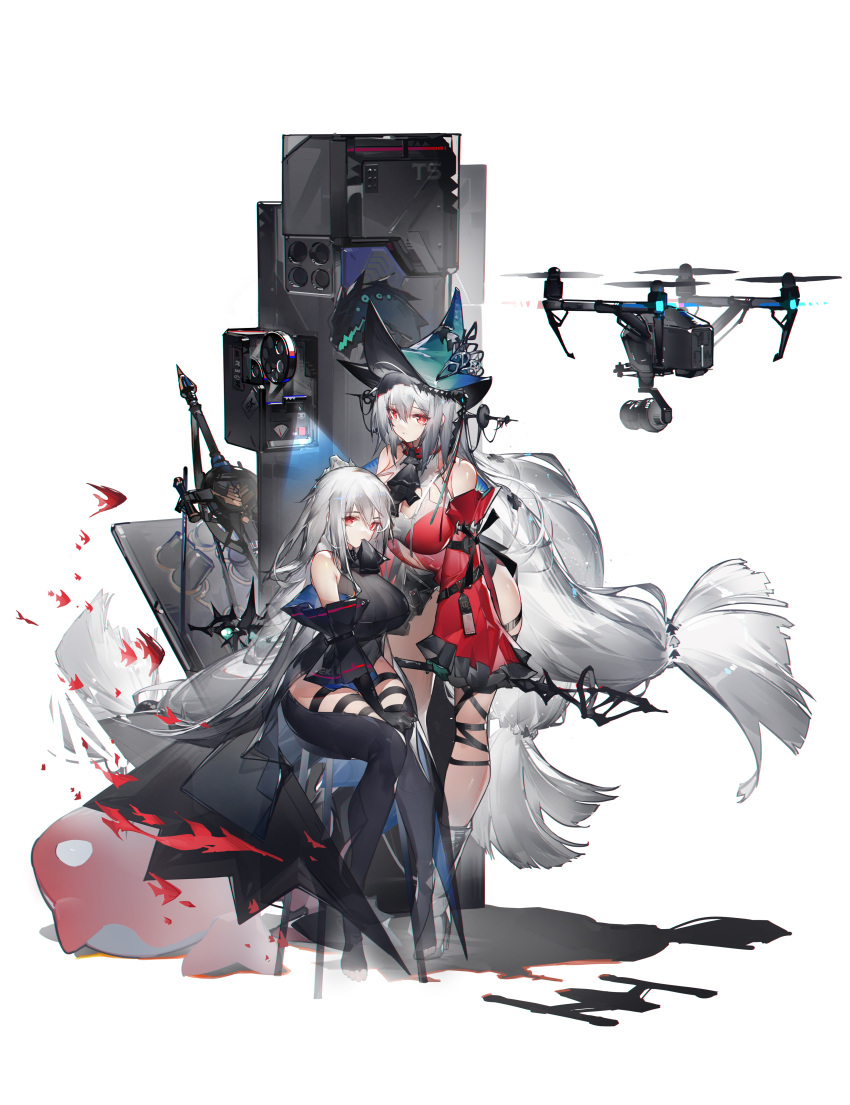 2girls absurdres arknights bangs bare_shoulders black_pants black_ribbon blue_headwear breasts chinese_commentary clothing_cutout commentary_request dress drone dual_persona highres large_breasts leg_ribbon leggings long_hair looking_at_viewer low-tied_long_hair multiple_girls pants red_dress red_eyes ribbon silver_hair simple_background skadi_(arknights) skadi_(the_corrupting_heart)_(arknights) thigh_cutout thighs very_long_hair white_background yushi_quetzalli