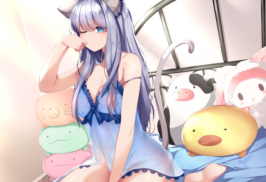 1girl absurdres animal_ear_fluff animal_ears babydoll bangs bed blue_eyes breasts cat_ears cat_tail copyright_request eyebrows_visible_through_hair highres kana616 long_hair looking_at_viewer no_panties one_eye_closed paw_pose purple_hair see-through sitting small_breasts solo strap_slip stuffed_toy tail virtual_youtuber wariza