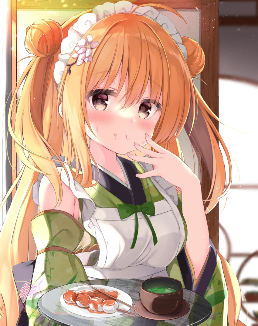 1girl :t absurdres apron armpit_crease bangs blush brown_eyes closed_mouth dango day detached_sleeves double_bun eyebrows_visible_through_hair flower food frilled_apron frills green_kimono green_tea hair_between_eyes hair_flower hair_ornament hand_to_own_mouth highres holding holding_plate indoors japanese_clothes kimono kujou_danbo long_hair long_sleeves looking_at_viewer maid maid_apron maid_headdress obi orange_hair original plate sash sleeveless sleeveless_kimono solo tea upper_body wa_maid wagashi white_apron wide_sleeves