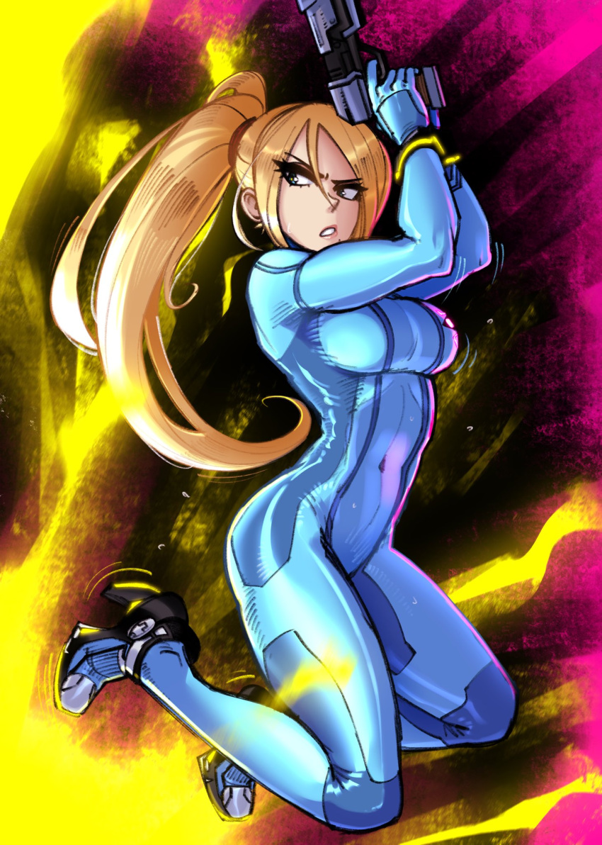 1girl blonde_hair blue_bodysuit blue_eyes bodysuit breasts covered_navel english_commentary full_body gingrjoke gun high_heels high_ponytail highres holding holding_gun holding_weapon long_hair looking_away metroid mole mole_under_mouth ponytail samus_aran skin_tight solo super_smash_bros. symbol_commentary v-shaped_eyebrows weapon zero_suit