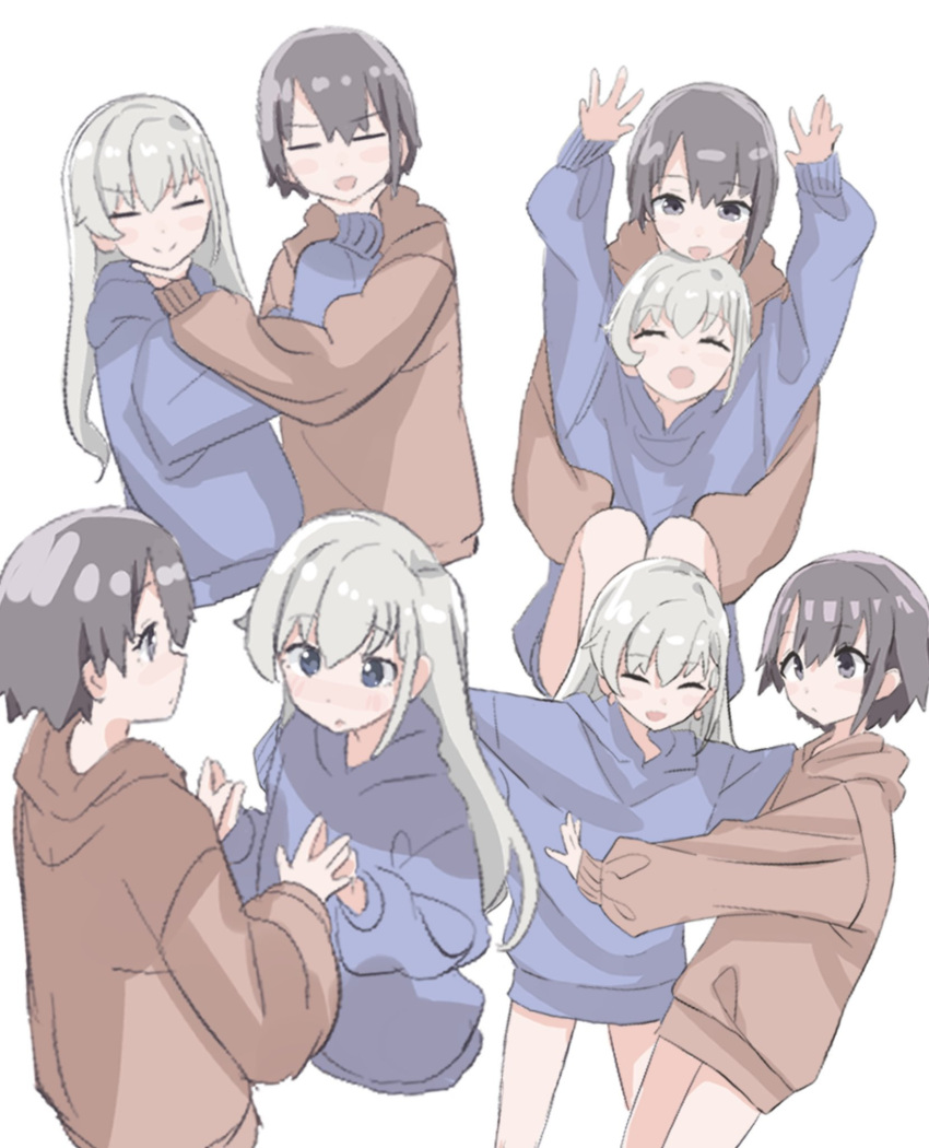 2girls :d arms_up bangs black_hair blue_eyes blue_hoodie brown_hoodie closed_eyes closed_mouth commentary_request eyebrows_visible_through_hair grey_eyes grey_hair hair_between_eyes highres hisakawa_hayate hood hood_down hoodie idolmaster idolmaster_cinderella_girls idolmaster_cinderella_girls_starlight_stage long_hair long_sleeves multiple_girls open_mouth otokura_yuuki puffy_long_sleeves puffy_sleeves shiwa_(siwaa0419) short_hair simple_background sleeves_past_wrists smile very_long_hair white_background yuri