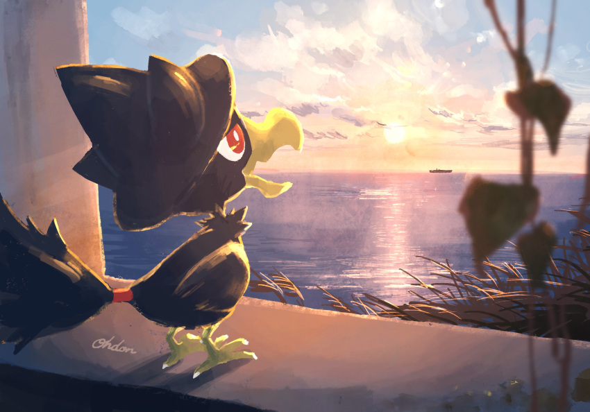 bird blurry bright_pupils clouds commentary_request day from_behind gen_2_pokemon highres murkrow no_humans ohdon open_mouth outdoors pokemon pokemon_(creature) red_eyes ship signature sky solo sun sunset watercraft white_pupils