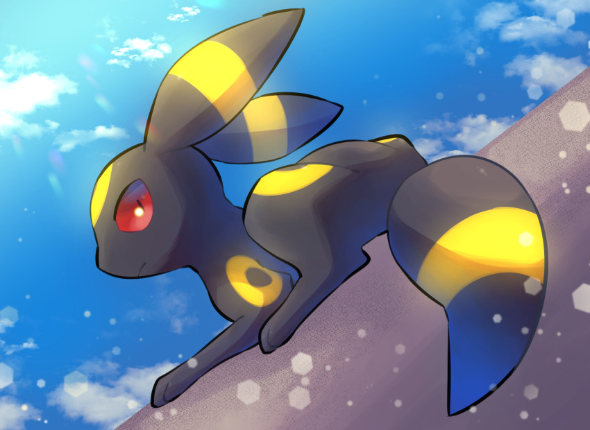 closed_mouth commentary_request creature full_body gen_2_pokemon highres looking_at_viewer looking_back no_humans nullma paws pokemon pokemon_(creature) red_eyes solo toes umbreon