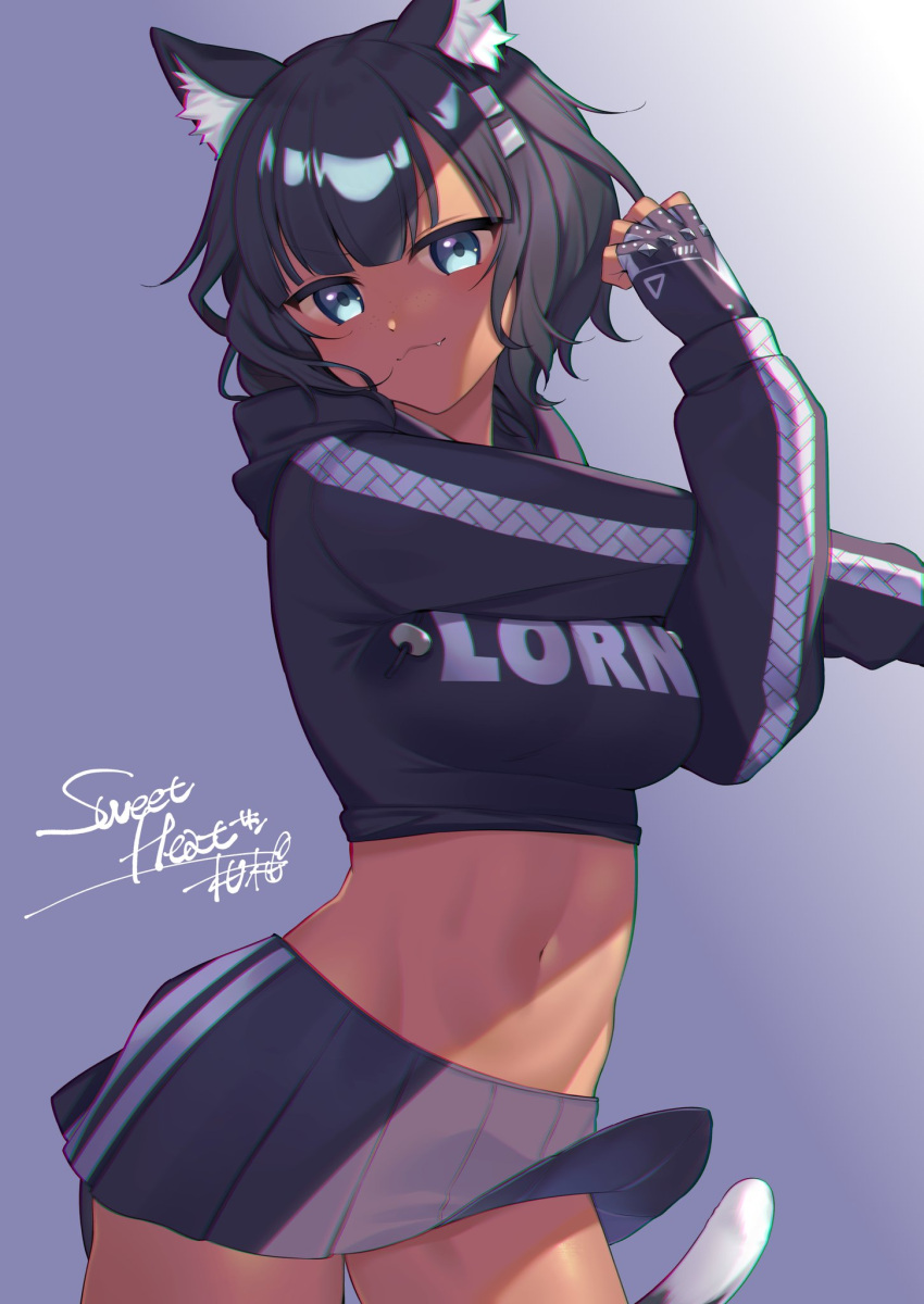 1girl :3 animal_ear_fluff animal_ears black_gloves black_hair black_hoodie black_skirt blue_eyes breasts cat_ears cat_girl cat_tail citron_82 clothes_writing contrapposto cowboy_shot crop_top cross-body_stretch drawstring fingerless_gloves gloves gradient gradient_background hair_ornament highres hood hood_down hoodie long_sleeves looking_at_viewer medium_breasts midriff miniskirt navel pleated_skirt short_hair signature skirt smile solo standing stomach sweetheat_vr tail vrchat