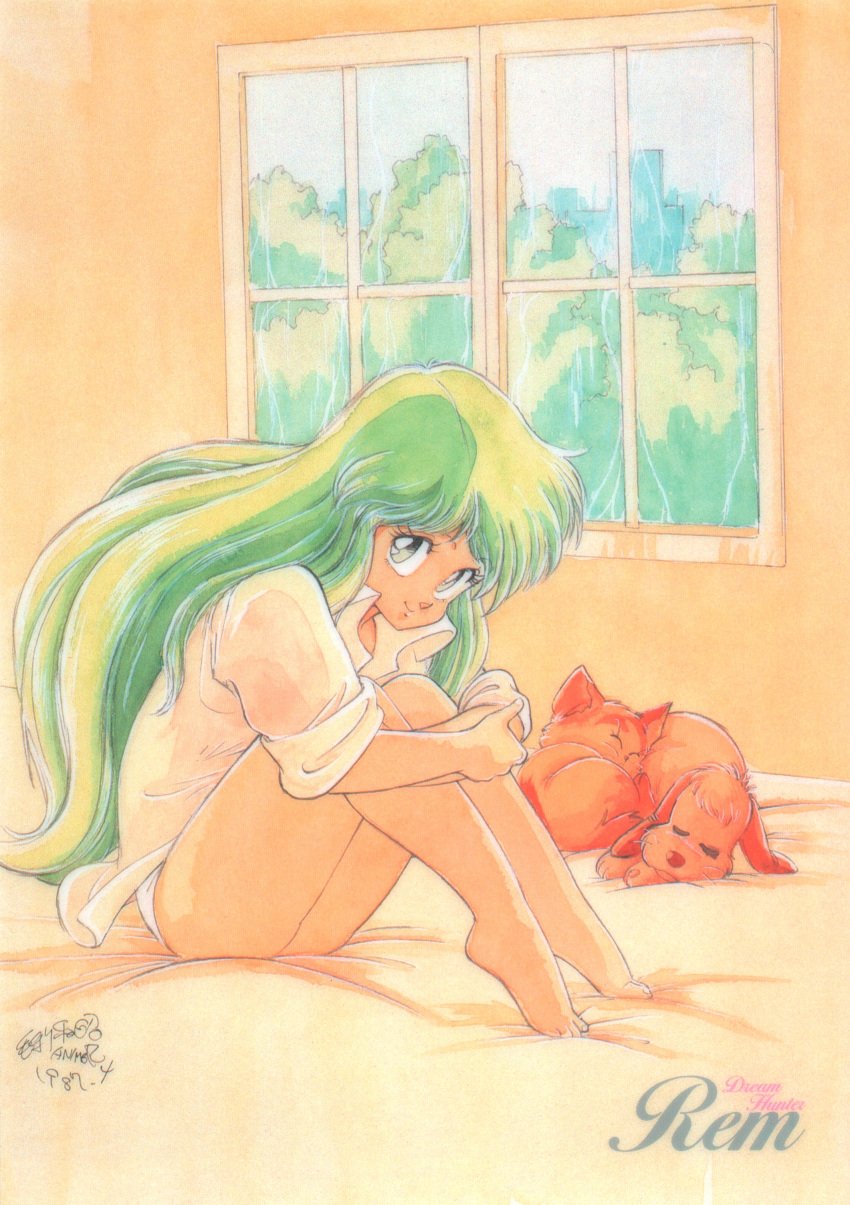 1980s_(style) 1987 1girl absurdres alpha_(dream_hunter_rem) ayanokouji_rem barefoot beta_(dream_hunter_rem) cat copyright_name dated dog dream_hunter_rem green_hair highres indoors leg_hug long_hair looking_at_viewer mouri_kazuaki no_panties no_pants on_bed panties retro_artstyle scan signature sitting smile solo traditional_media underwear watercolor_(medium) white_panties window