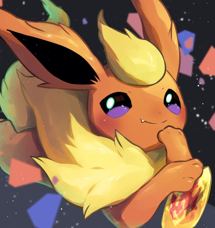 blurry blush closed_mouth commentary_request fang fire_stone flareon gen_1_pokemon highres looking_at_viewer no_humans nullma pokemon pokemon_(creature) smile solo toes violet_eyes yellow_fur