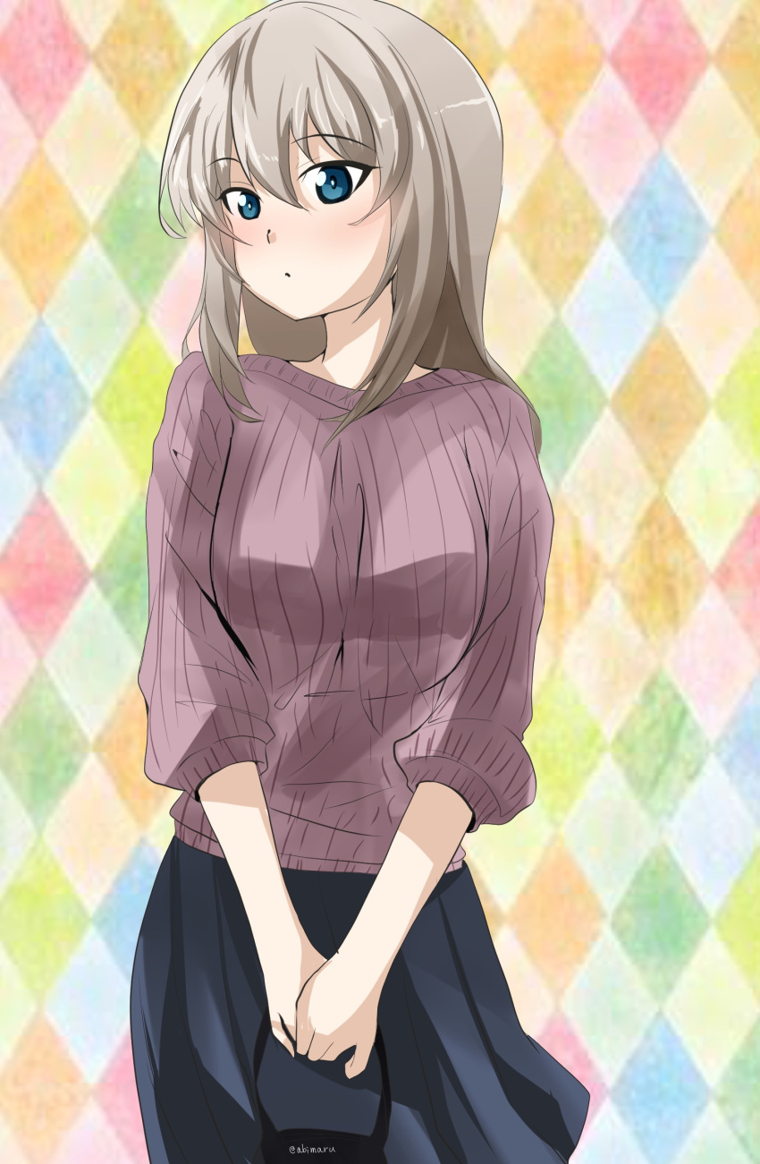 1girl abimaru_gup argyle argyle_background bag bangs black_skirt blue_eyes blush casual closed_mouth commentary cowboy_shot eyebrows_visible_through_hair girls_und_panzer grey_sweater handbag hands_together highres holding itsumi_erika light_frown long_sleeves looking_at_viewer medium_hair medium_skirt multicolored multicolored_background ribbed_sweater silver_hair skirt solo standing sweater v_arms