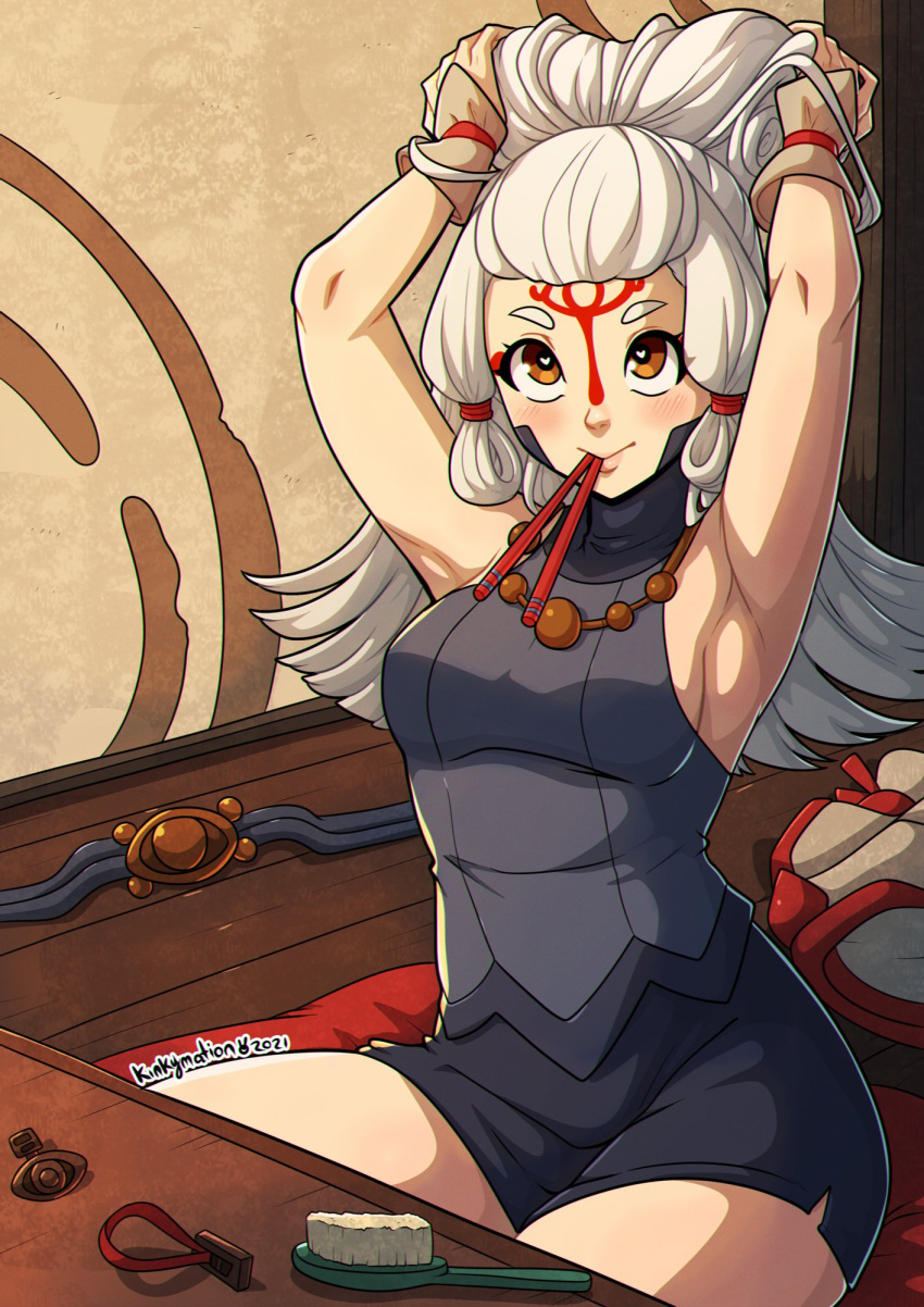 1girl armpits arms_up artist_name bangs belt black_shorts blush breasts brown_eyes brush facial_mark forehead_mark hair_ornament hair_stick hair_tubes heart heart-shaped_pupils highres indoors kinkymation long_hair medium_breasts mouth_hold paya_(zelda) pointy_ears sheikah shorts sitting sleeveless solo symbol-shaped_pupils table the_legend_of_zelda the_legend_of_zelda:_breath_of_the_wild tying_hair wooden_floor