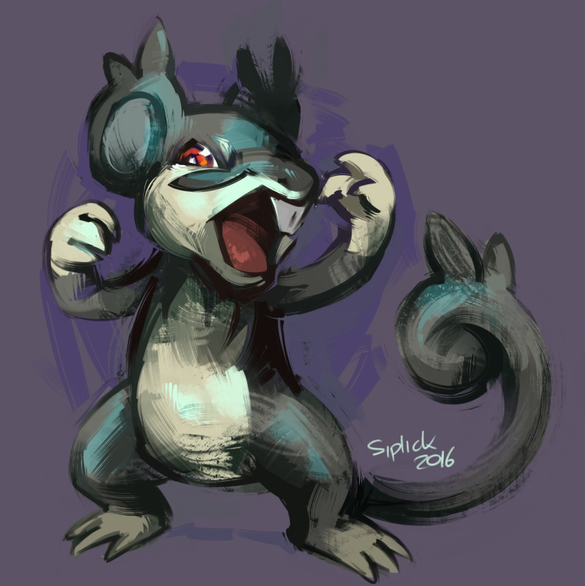 alolan_form alolan_rattata artist_name commentary gen_7_pokemon highres no_humans open_mouth pokemon pokemon_(creature) purple_background rat red_eyes siplick solo tail teeth