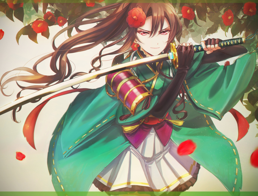 &gt;:) 1girl akikaze_rui armor bangs beige_background black_gloves blackfangs blurry blurry_foreground brown_hair closed_mouth cowboy_shot elbow_gloves falling_petals fighting_stance fingerless_gloves fingernails floating_hair floral_background flower frilled_skirt frills gloves gradient gradient_background green_kimono grey_background hair_between_eyes hair_flower hair_ornament hands_up holding holding_sword holding_weapon japanese_armor japanese_clothes katana kimono letterboxed light_particles long_hair looking_at_viewer miniskirt obi petals pleated_skirt ponytail red_eyes red_flower ribbon-trimmed_clothes ribbon-trimmed_sleeves ribbon_trim sash short_sleeves shoujo_kageki_revue_starlight shoujo_kageki_revue_starlight_-re_live- shoulder_armor sidelocks skirt smile sode solo standing sword tassel transparent_border v-shaped_eyebrows very_long_hair wavy_hair weapon white_skirt wide_sleeves