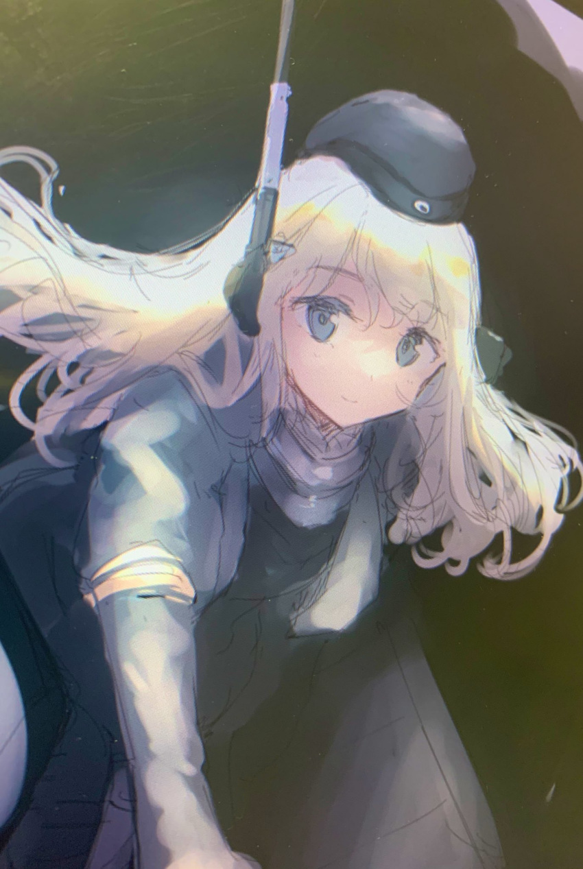 1girl blonde_hair blue_eyes closed_mouth cropped_jacket elbow_gloves eyebrows_visible_through_hair garrison_cap gloves grey_gloves grey_headwear grey_jacket hair_between_eyes hat headphones highres jacket kantai_collection long_hair ma_rukan solo u-511_(kancolle)