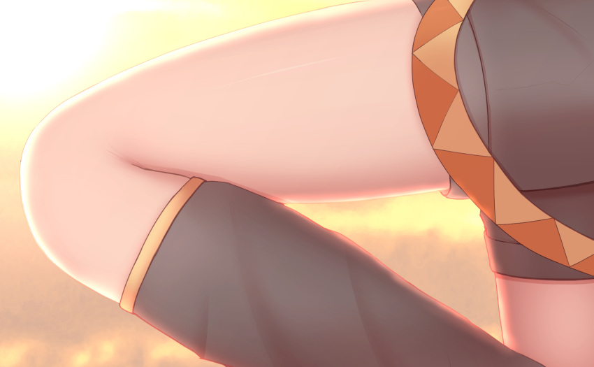 1girl backlighting belt black_legwear black_shorts c031185c commentary highres kagamine_rin knee_up knees leg_warmers shorts solo twilight vocaloid