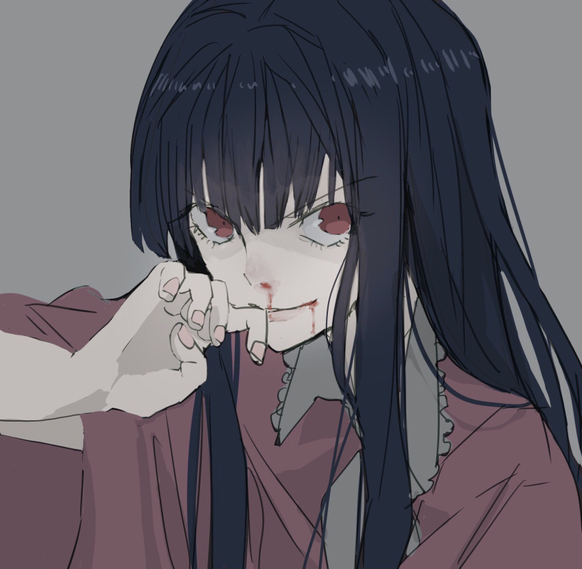 1girl angry bangs black_hair blood bloody_mouth bloody_nose close-up constricted_pupils eyebrows_visible_through_hair frilled_shirt_collar frills grey_background hair_between_eyes hand_up highres hime_cut houraisan_kaguya japanese_clothes long_sleeves looking_at_viewer nanasuou pink_nails pink_shirt shiny shiny_hair shirt sidelocks simple_background smirk solo touhou upper_body wide_sleeves wiping_mouth