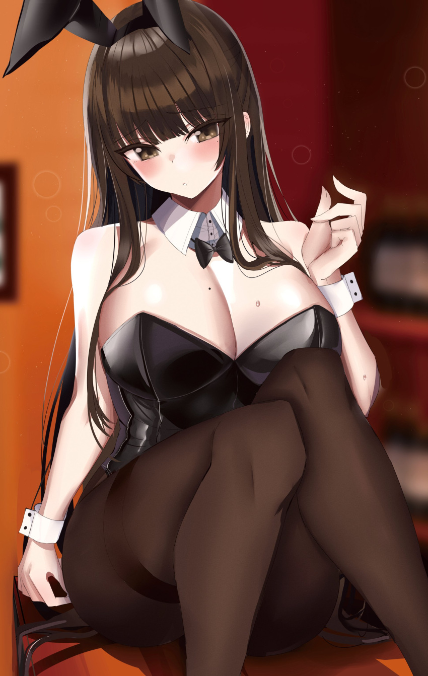 1girl :o absurdres animal_ears black_leotard blush breasts brown_eyes brown_hair character_request commentary_request copyright_request detached_collar fake_animal_ears feet_out_of_frame hanasaka_houcha highres indoors knees_up large_breasts leotard long_hair looking_at_viewer mole mole_on_breast mole_under_eye pantyhose parted_lips playboy_bunny rabbit_ears shiny shiny_hair sitting solo strapless strapless_leotard wing_collar wrist_cuffs