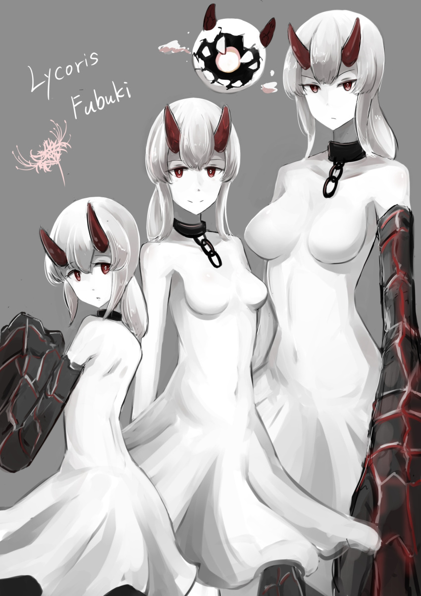 3girls abyssal_ship breasts chain character_name collar colored_skin covered_navel dress enemy_aircraft_(kancolle) highres horns impossible_clothes impossible_dress kantai_collection low_ponytail lycoris_fubuki medium_breasts mizuchi_(mizuchi7118) multiple_girls multiple_persona older oversized_forearms oversized_limbs red_eyes small_breasts white_dress white_hair white_skin