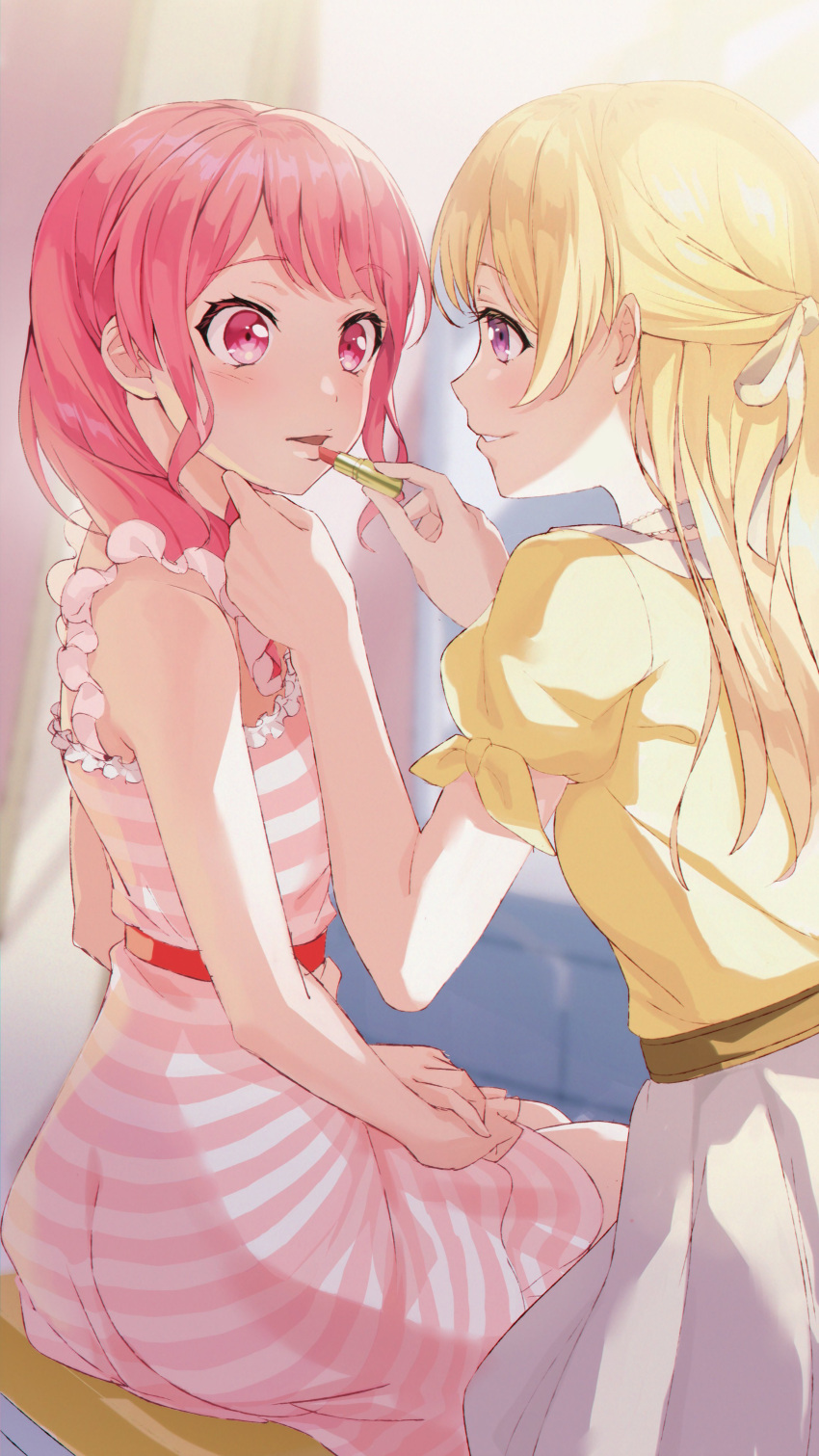 2girls absurdres applying_makeup bang_dream! bangs blonde_hair blurry blurry_background blush cosmetics cowboy_shot dress eyebrows_visible_through_hair frilled_dress frilled_straps frills from_behind hair_ribbon half_updo hand_on_another's_chin hands_on_own_thighs hands_together highres indoors leaning_forward lips lipstick lipstick_tube long_hair looking_at_another makeup maruyama_aya medium_hair mochipuyo multiple_girls official_art open_mouth pink_eyes pink_hair puffy_short_sleeves puffy_sleeves ribbon shirasagi_chisato shirt short_sleeves sidelocks sitting skirt sleeveless sleeveless_dress smile striped striped_dress sunlight violet_eyes white_ribbon white_skirt yellow_shirt