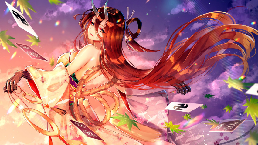 1girl autumn_leaves breasts brown_hair chiachun0621 fate/grand_order fate/requiem fate_(series) from_behind highres horns kijo_kouyou_(fate) long_hair looking_back off-shoulder_kimono slit_pupils smile twilight wide_sleeves