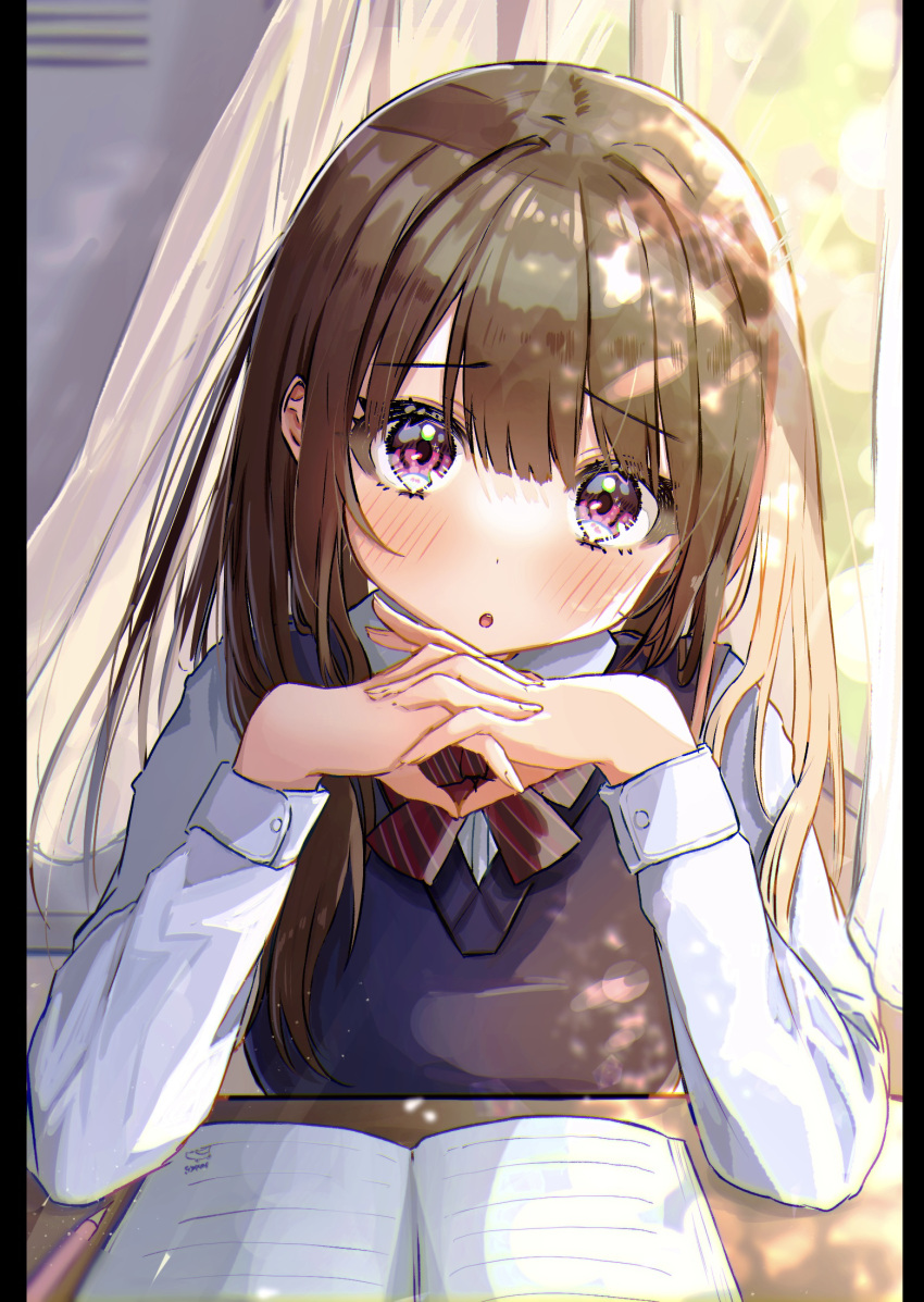 1girl :o amefukura_art bangs blush book breasts brown_hair commentary_request curtains dappled_sunlight day diagonal_stripes eyebrows_visible_through_hair furrowed_eyebrows hair_between_eyes hands_up head_tilt highres indoors interlocked_fingers large_breasts lens_flare long_hair looking_at_viewer open_book open_mouth original pillarboxed shirt solo striped striped_neckwear sunlight table uniform vest violet_eyes white_shirt