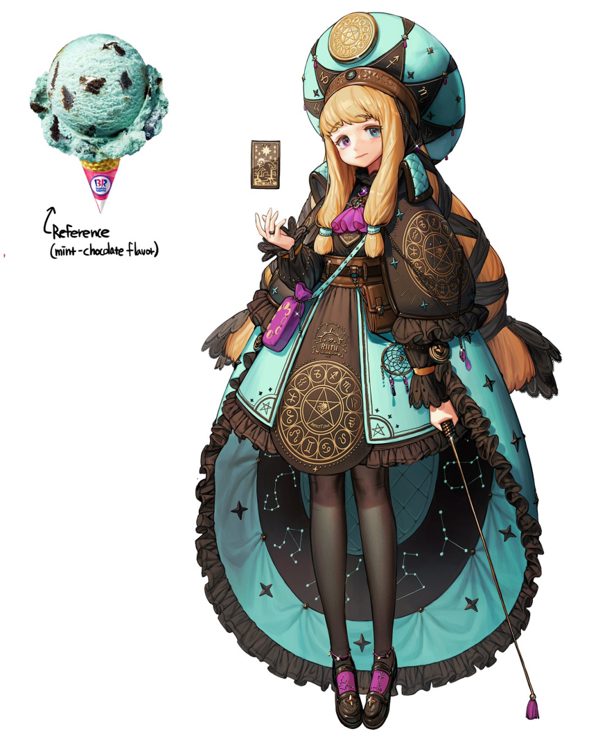 1girl aqua_eyes bangs black_footwear black_legwear blonde_hair constellation dress eyebrows_visible_through_hair food frilled_sleeves frills full_body hand_up hat heterochromia highres holding ice_cream jewelry long_hair long_sleeves original pantyhose pink_eyes puffy_long_sleeves puffy_sleeves ring rinotuna simple_background solo standing white_background