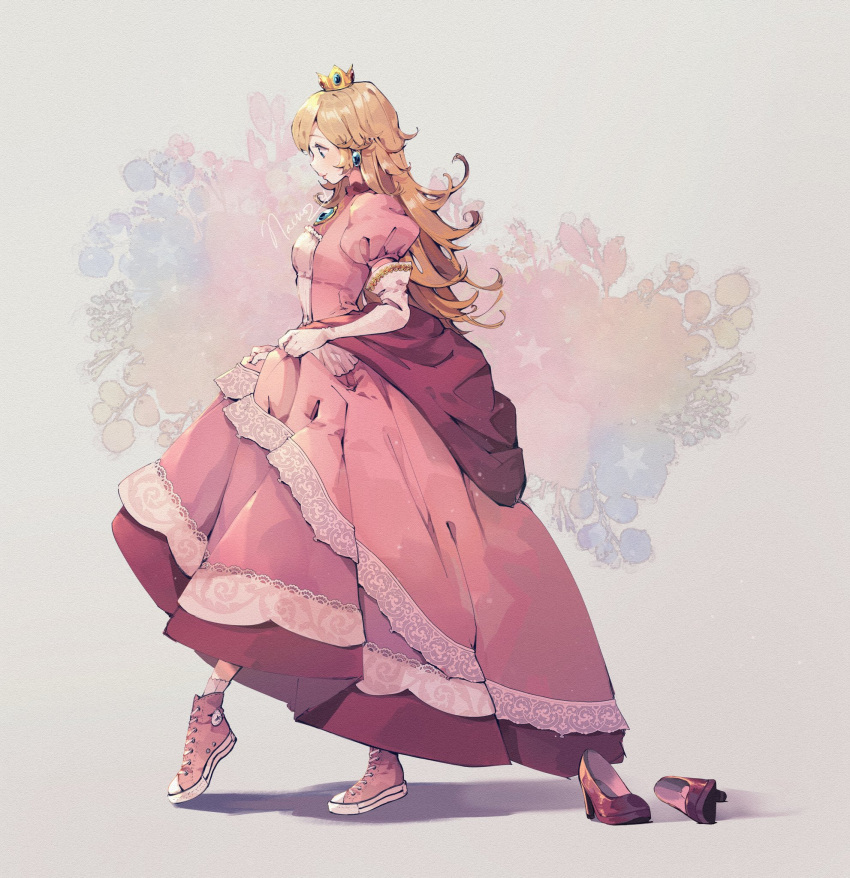 1girl blonde_hair blue_eyes breasts bridal_gauntlets crown dress dress_lift earrings frills high_heels highres jewelry long_dress long_hair looking_down nachoz_(nachozart) nintendo pink_dress pink_footwear princess_peach shadow shoes sneakers solo